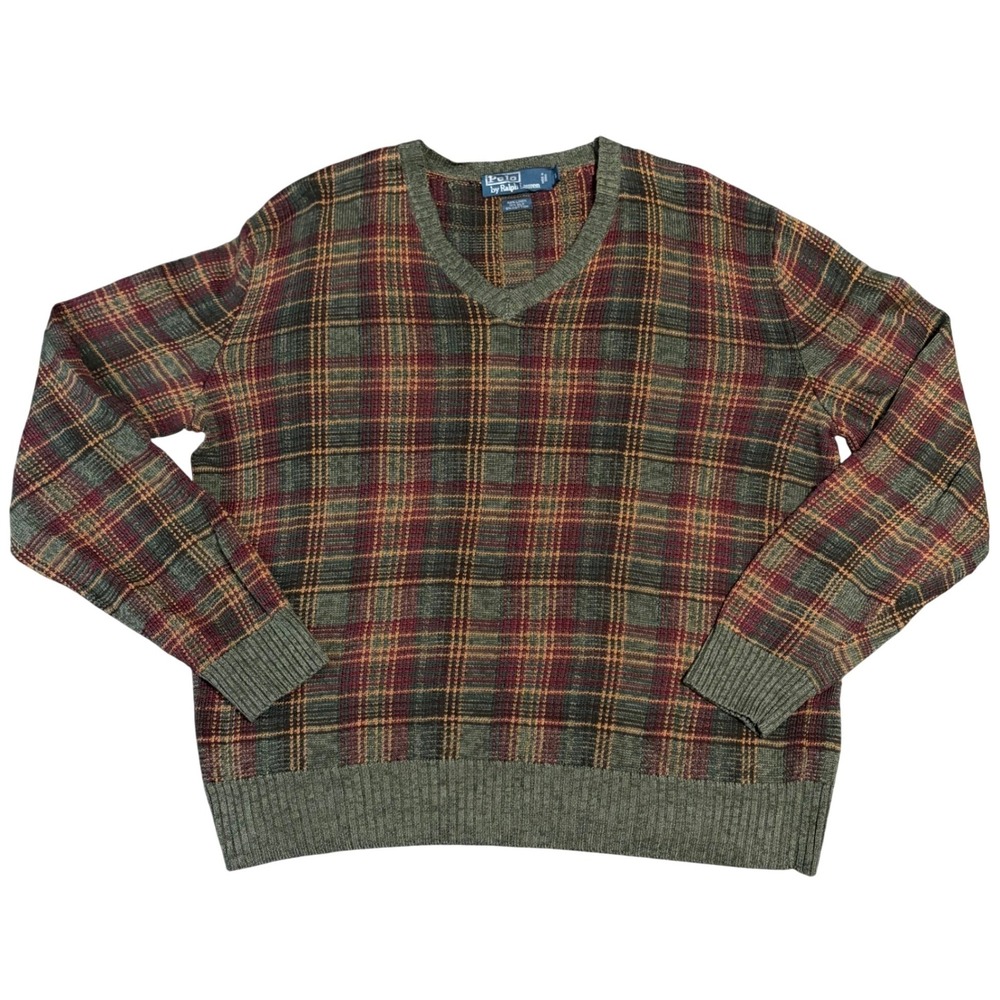 Polo Ralph Lauren Linen Silk Cotton Blend Knit Sweater Tartan Plaid Preppy